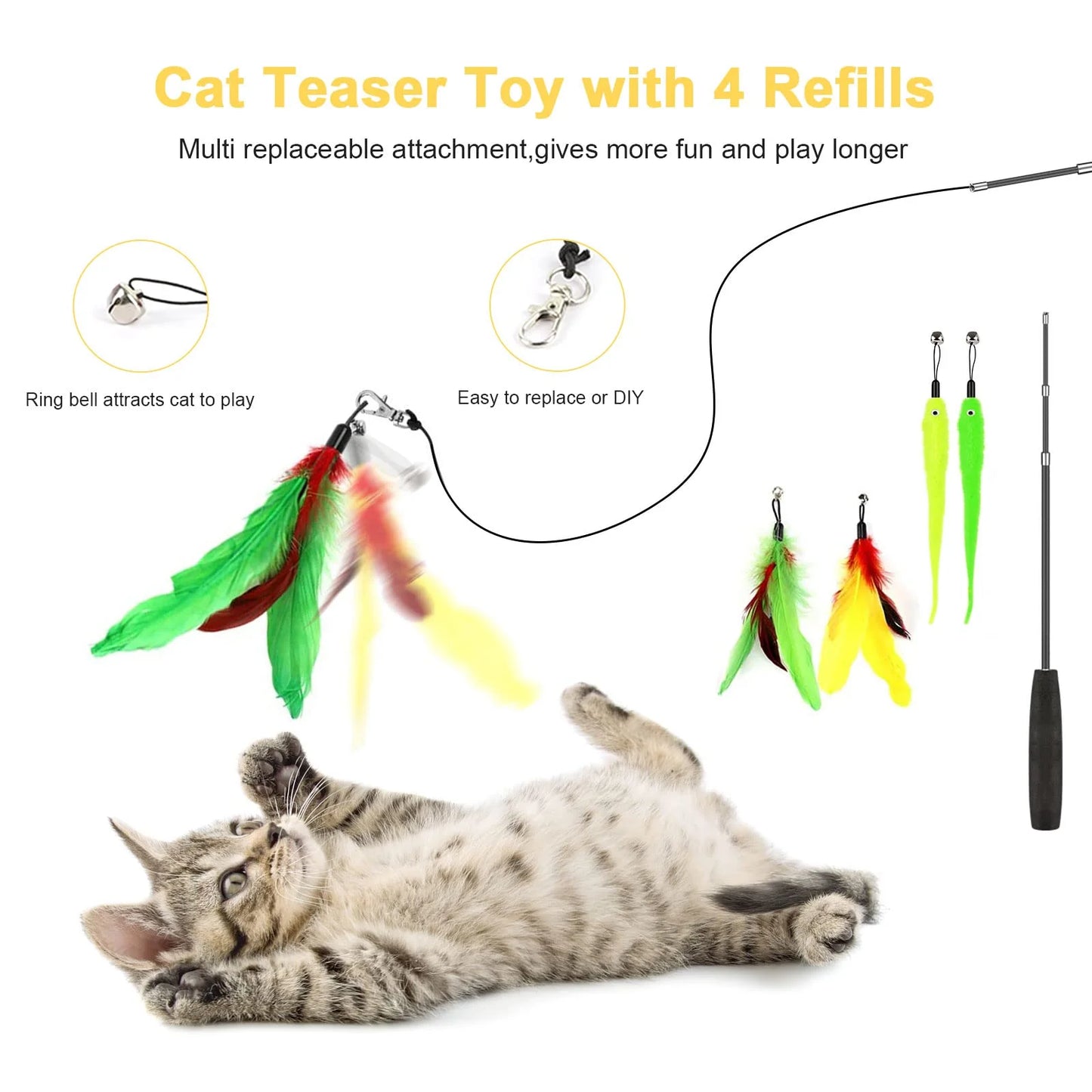 34Pcs Cat Toys Kitten Toys, Interactive Kitty Toys with Collapsible Cat Tunnels Tent, Cat Wand Catnip Feather Teaser